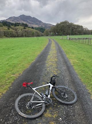 A road bike on a gravel track