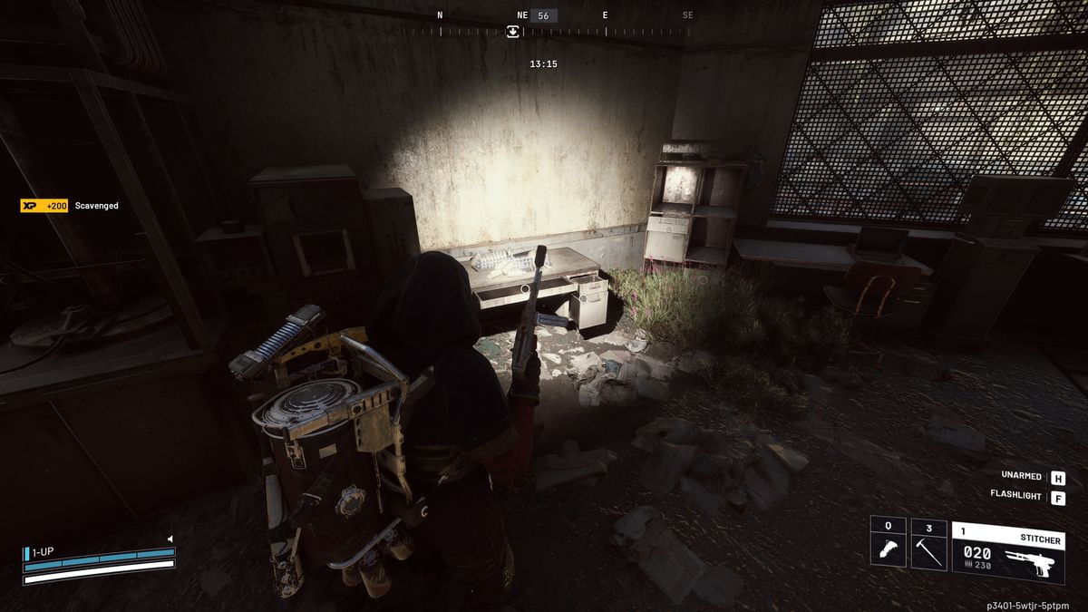 Arc Raiders Expired Respirators: A player looking at a desk in a dark room using a flashlight.