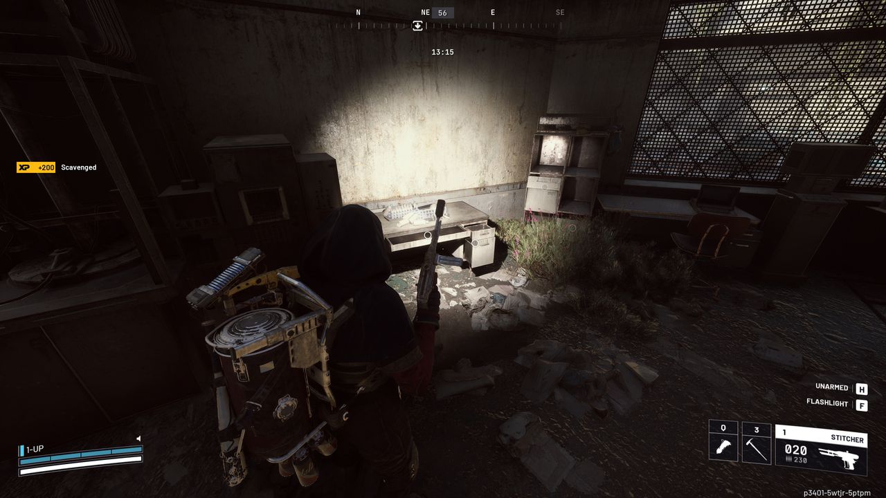 Arc Raiders Expired Respirators: A player looking at a desk in a dark room using a flashlight.
