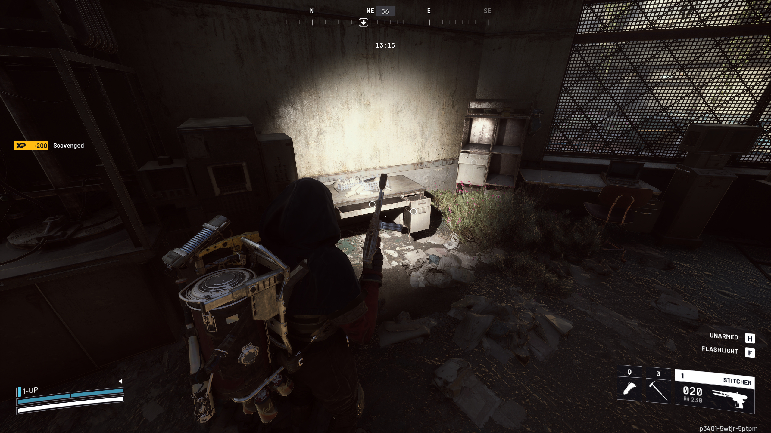 Arc Raiders Expired Respirators: A player looking at a desk in a dark room using a flashlight.