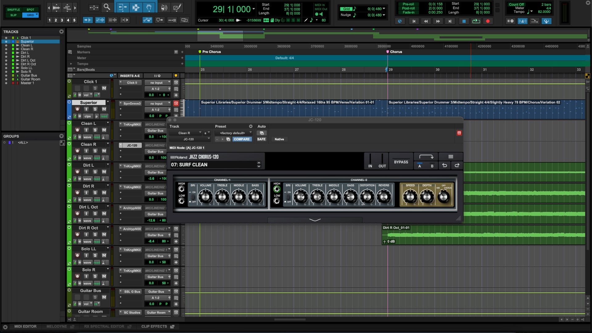 A screenshot of a Roland JC-120 Jazz Chorus plugin running in a Pro Tools session