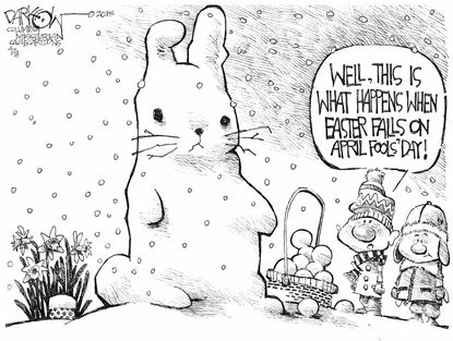 Editorial cartoon U.S. April snowstorm winter Easter