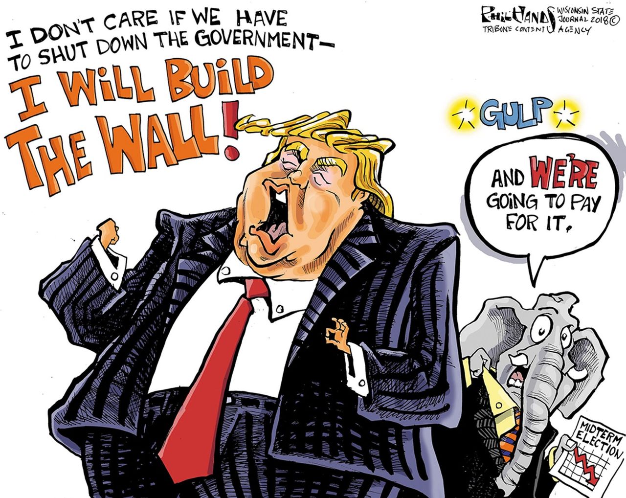 Political cartoon U.S. Trump government shutdown build the wall GOP