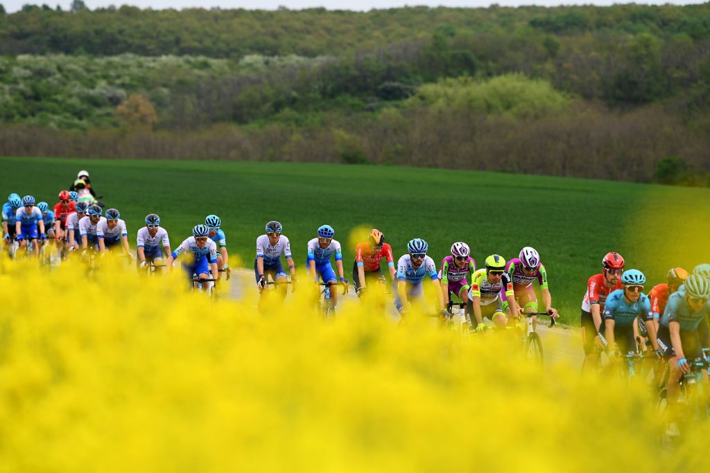 VISEGRAD HUNGARY MAY 06 Christopher Juul Jensen of Denmark and Team BikeExchange Jayco Alessandro De Marchi of Italy and Team Israel Premier Tech Matteo Sobrero of Italy and Team BikeExchange Jayco and a general view of the peloton competing in a flowery landscape during the 105th Giro dItalia 2022 Stage 1 a 195km stage from Budapest to Visegrd 337m Giro WorldTour on May 06 2022 in Visegrad Hungary Photo by Tim de WaeleGetty Images