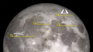 This map of the northern hemisphere of the near side of the moon shows the areas that NASA's first three commercial lander missions are targeting.