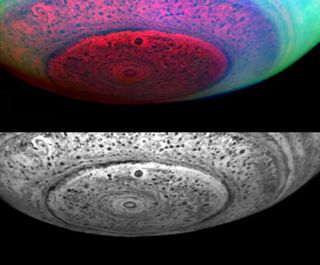 Saturn's south pole is shown in 2007 in two images taken by the Cassini spacecraft. The top image is in false color, while the bottom is in a near-infrared wavelength.