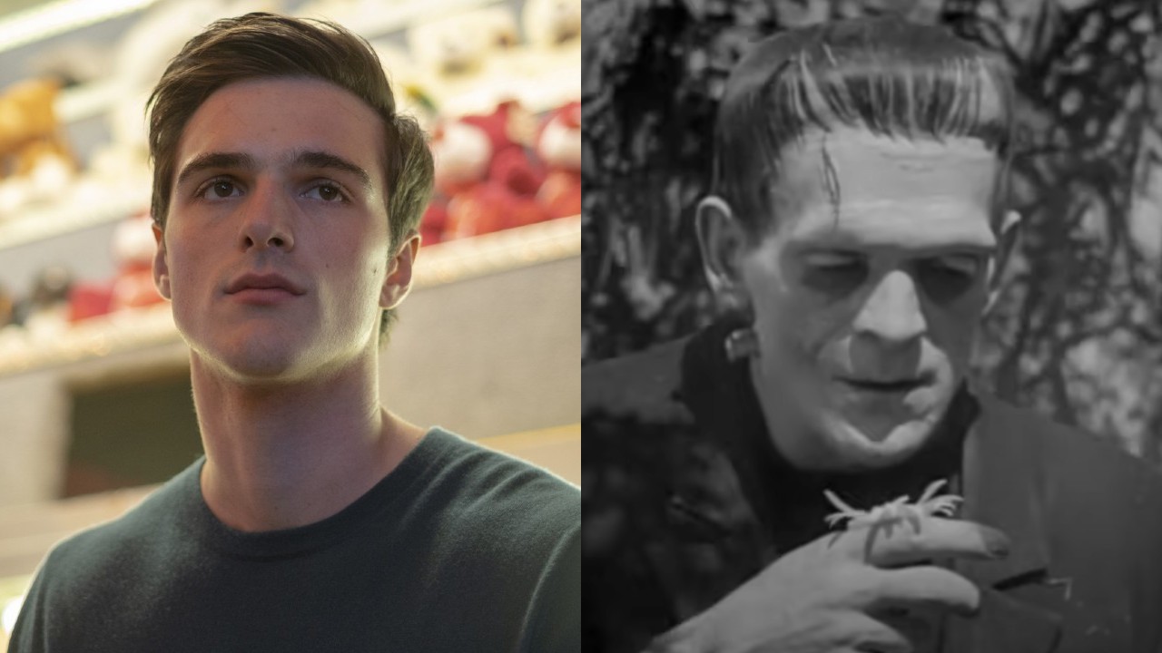 Nate (Jacob Elordi) looks ahead in Euphoria, while Frankenstein&#039;s monster (Boris Karloff) examines a flower in Frankenstein