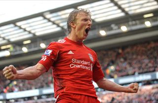 Dirk Kuyt celebrates after scoring a hat-trick for Liverpool against Manchester United at Anfield, 2011