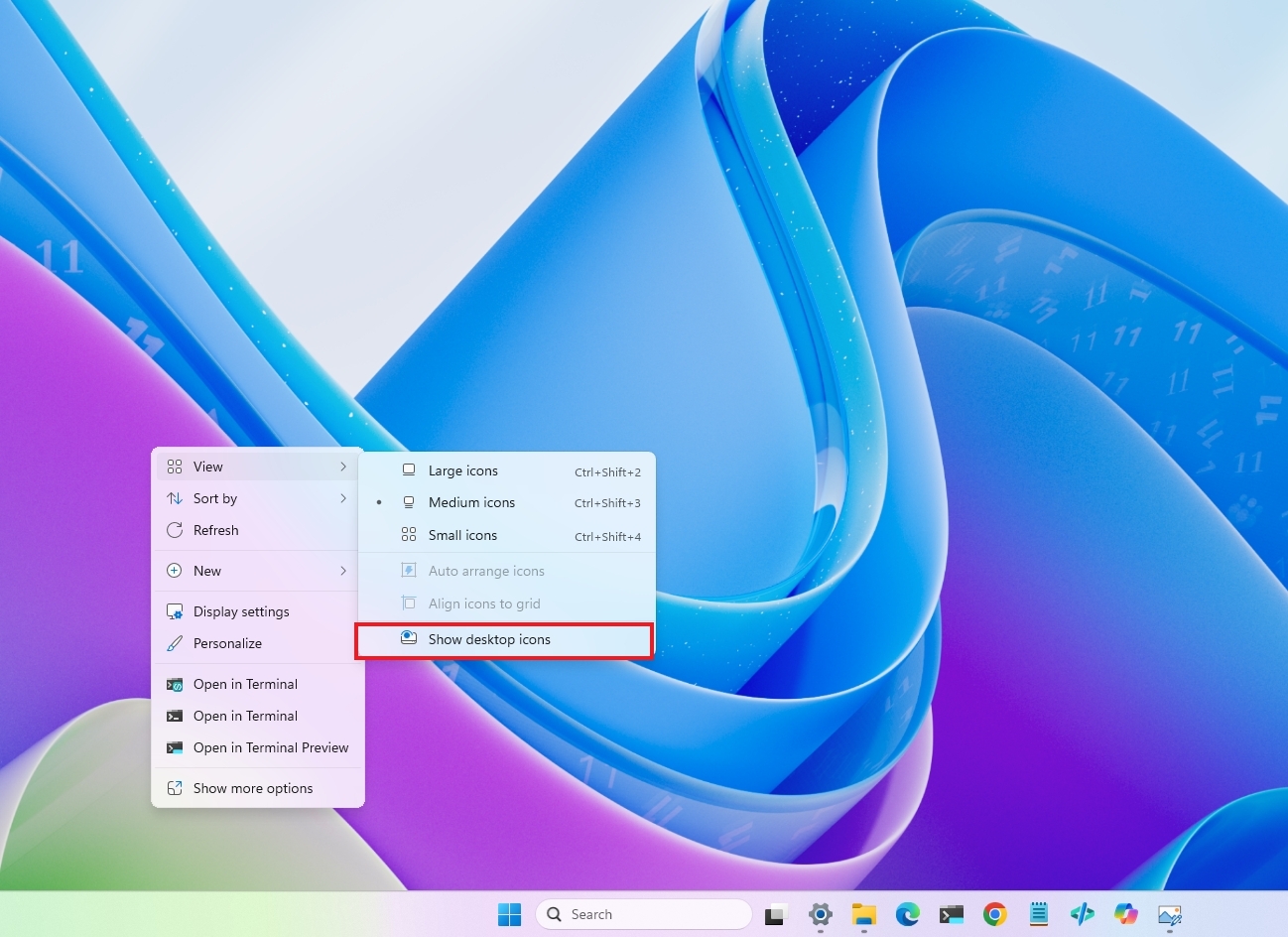 Windows 11 desktop with context menu highlighting the Show desktop icons option.