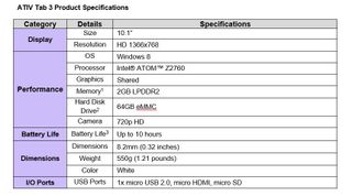 Samsung ATIV Tab 3 Specifications