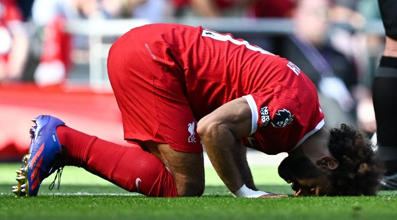 Mohamed Salah celebrates after scoring for Liverpool against Aston Villa in September 2023.