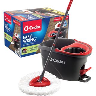 Reusable mop with black and red bucket and blue and red cardboard packaging