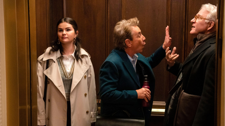 Selena Gomez, Martin Short and Steve Martin in a still from 'Only Murders in the Building'