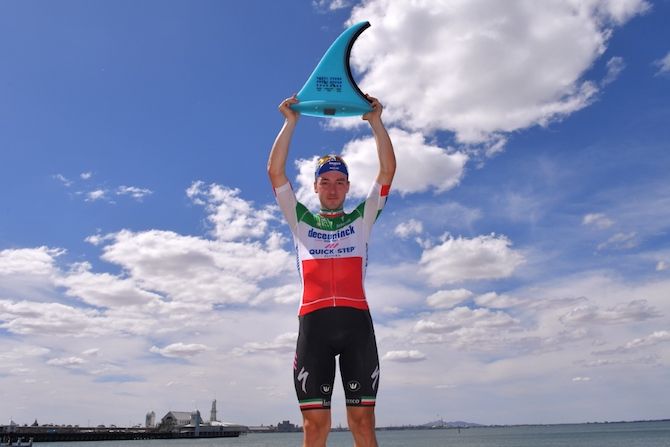 Elia Viviani (Deceuninck-QuickStep) with his trophy after winning the 2019 Cadel Evans Great Ocean Road Race