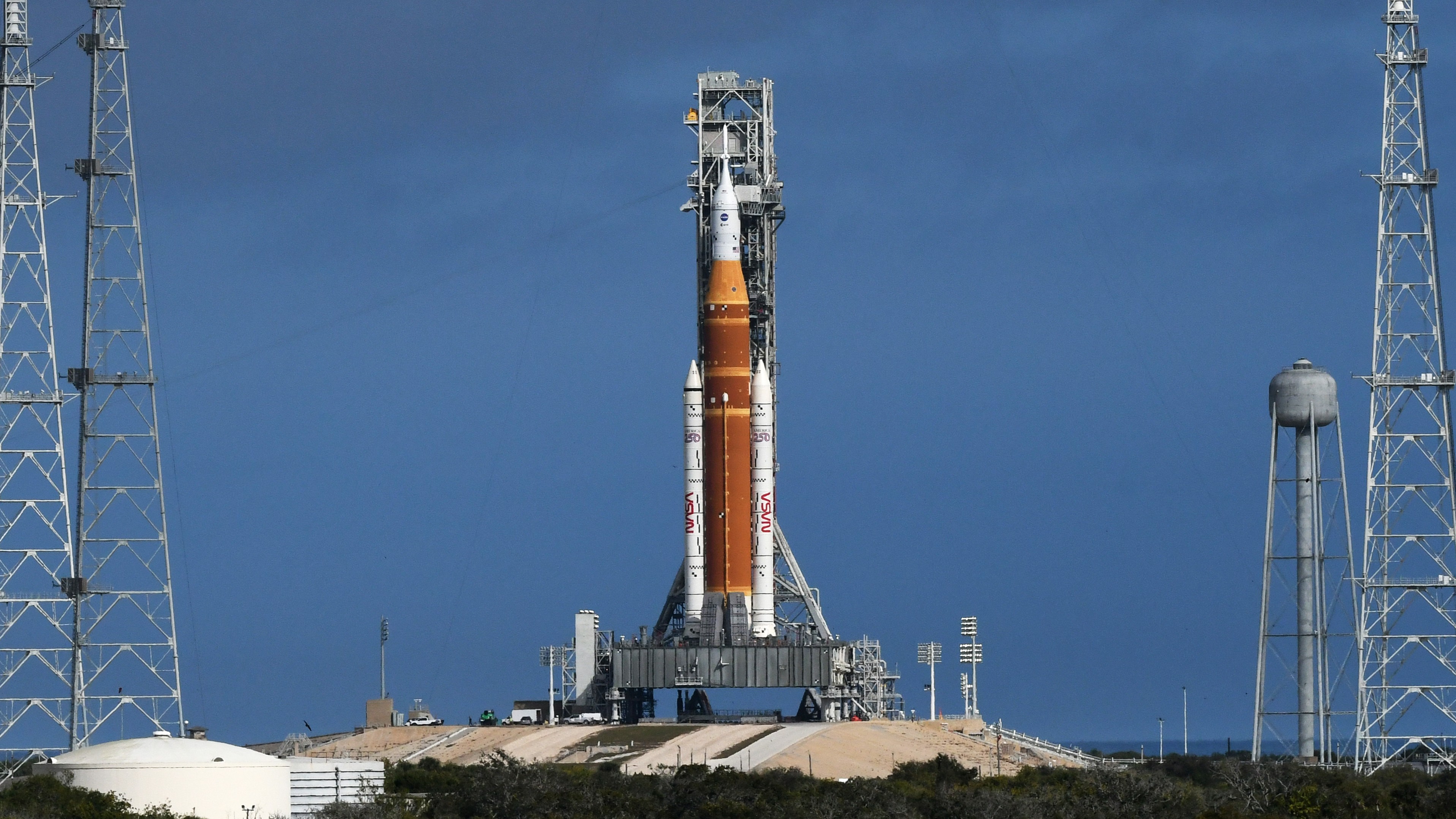A photo of the Artemis II rocket at the Kennedy Space Center in Cape Canaveral, Florida. 