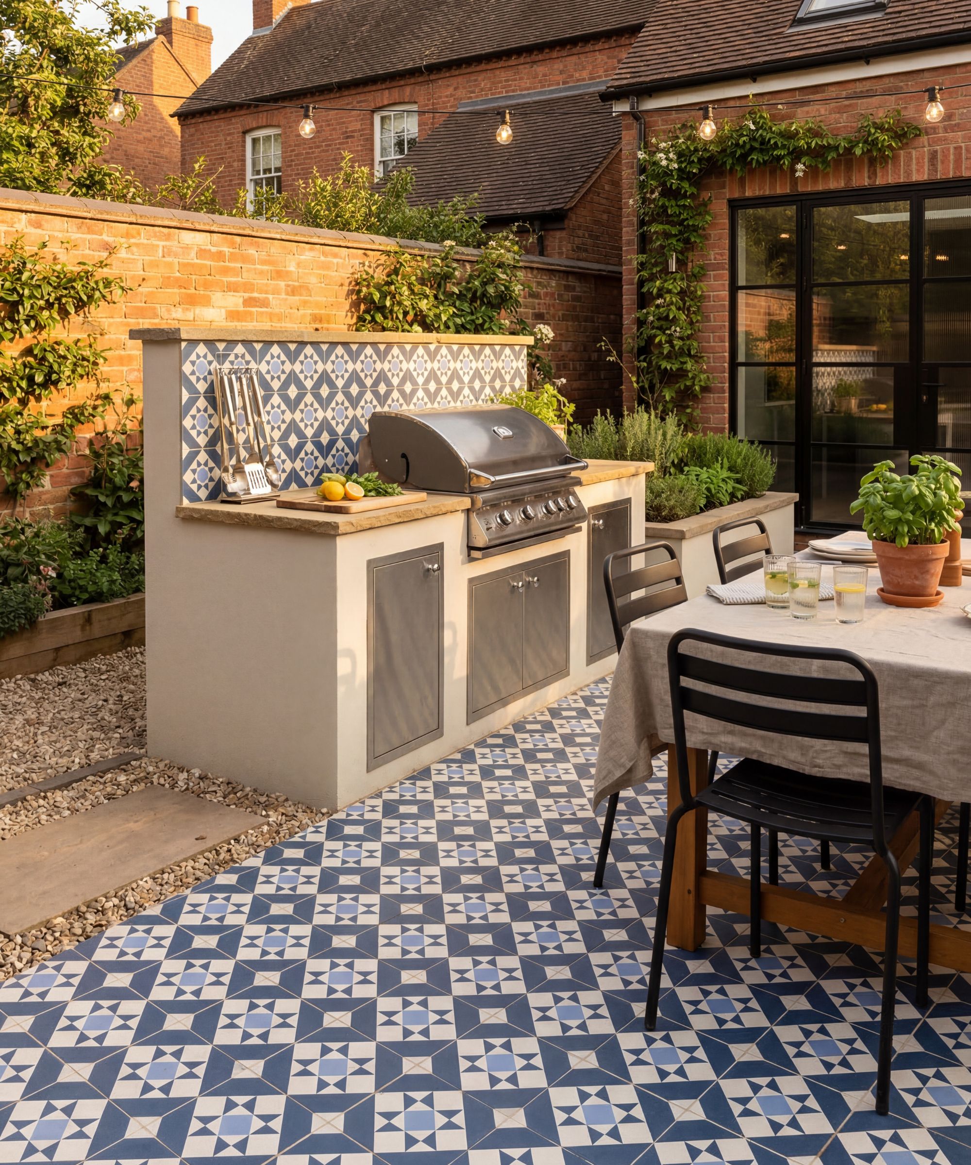 An outdoor kitchen and dining room with blue and white patterned tiles on the floor and backsplash