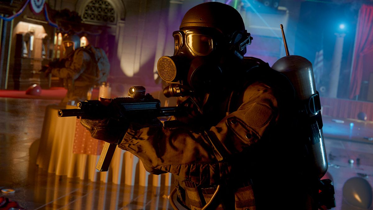 A player wearing a gasmask and holding a gun in the upcoming PS5 game, Call of Duty: Black Ops 6.