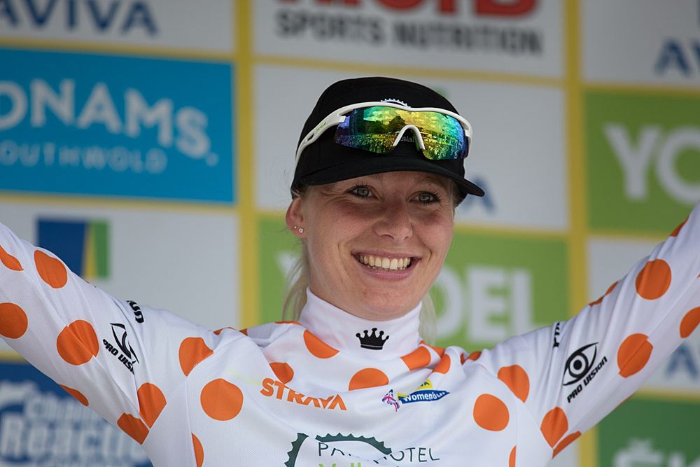 Ilona Hoeksma (NED) of Parkhotel Valkenburg Cycling Team celebrates the mountains jersey after the Aviva Women's Tour 2016 - Stage 1
