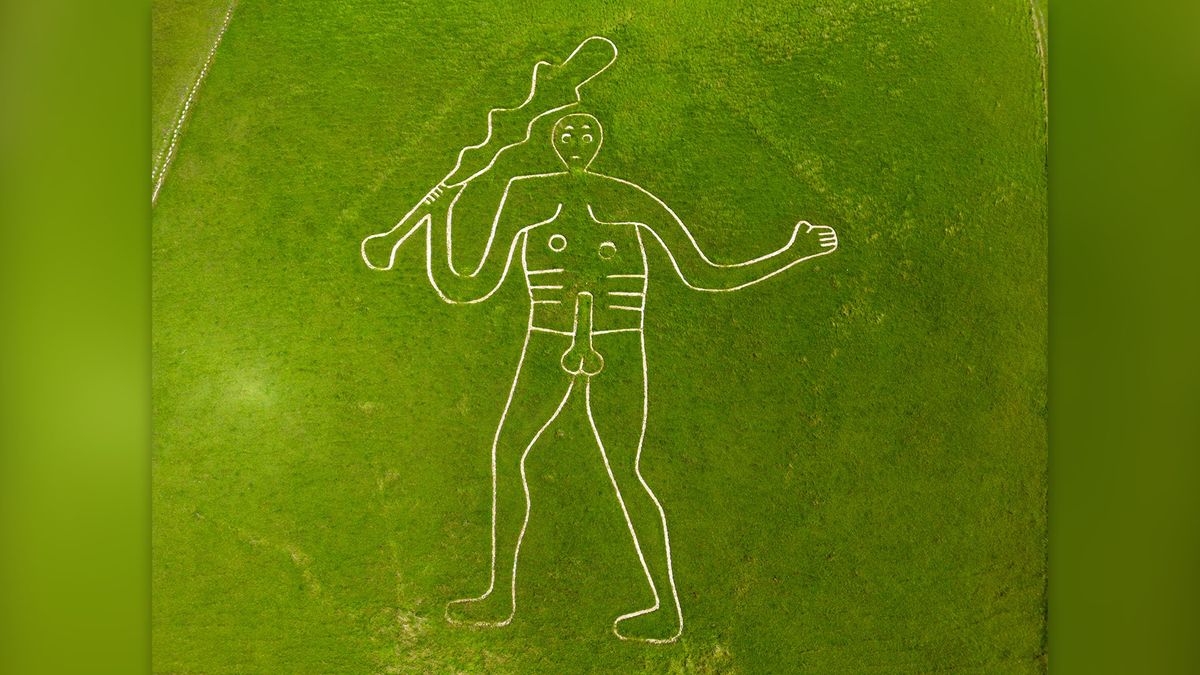 An aerial view of the Cerne Abbas Giant, on August 22, 2023 in Cerne Abbas, England. The Cerne Abbas Giant hill figure is situated near the village of Cerne Abbas in Dorset, it stands 55 metres high, depicting a standing nude male with a prominent erection and wielding a large club and is listed as a scheduled monument of England.