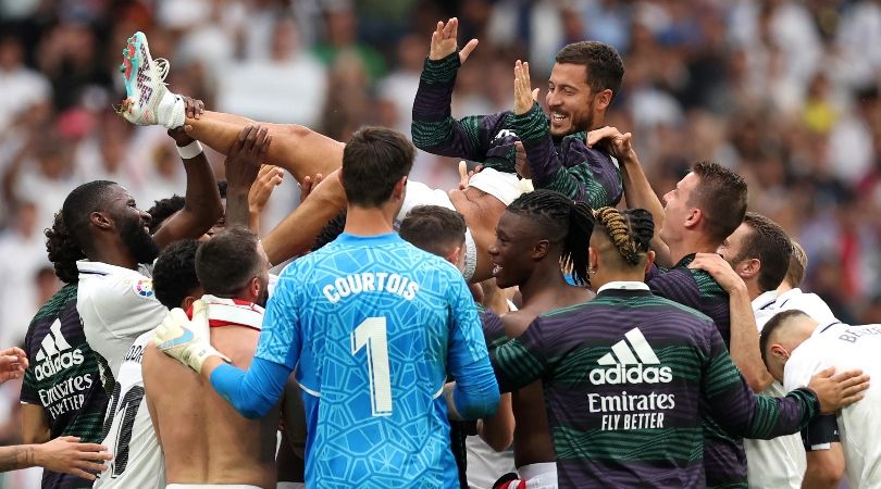 Eden Hazard is thrown into the air by his Real Madrid team-mates after his final game at the club in June 2023.