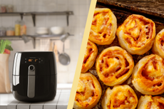 A collage of an air fryer and pizza rolls