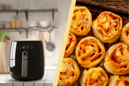 A collage of an air fryer and pizza rolls