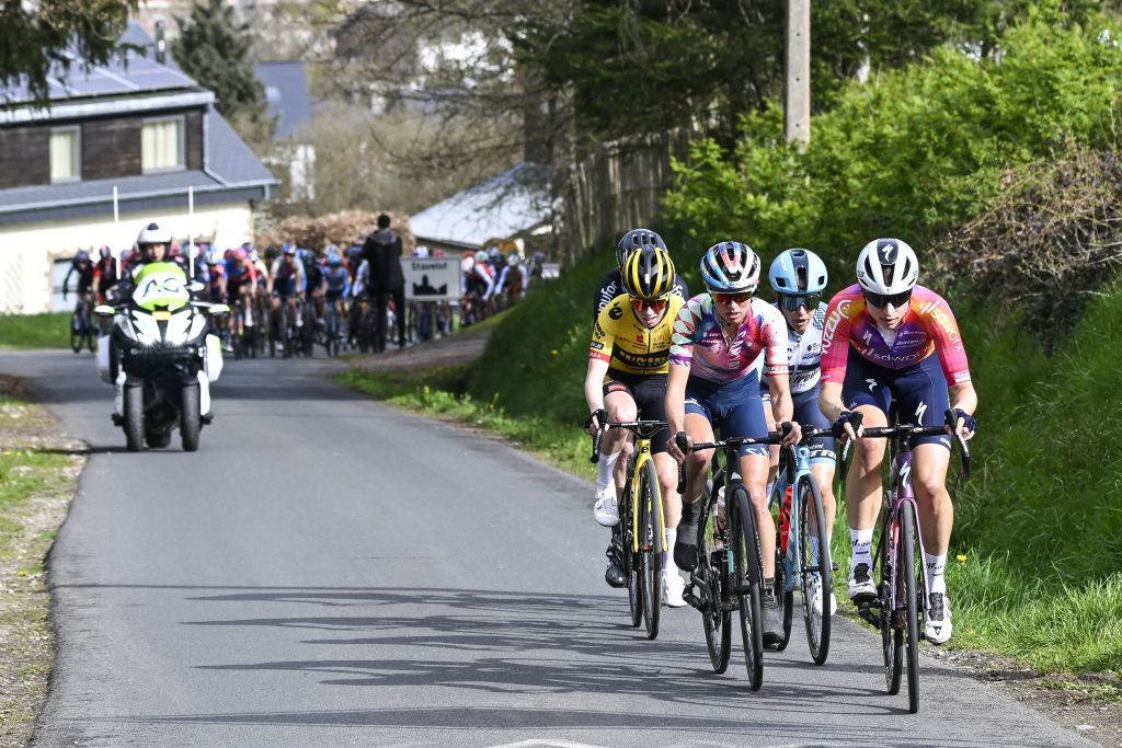 SD Worx Swiss rider Marlen Reusser R cycles leading a breakaway during the women elite race of the LiegeBastogneLiege one day cycling event 1421km roundtrip from Liege via Bastogne on April 23 2023 Photo by Tom Goyvaerts Belga AFP Belgium OUT Photo by TOM GOYVAERTSBelgaAFP via Getty Images