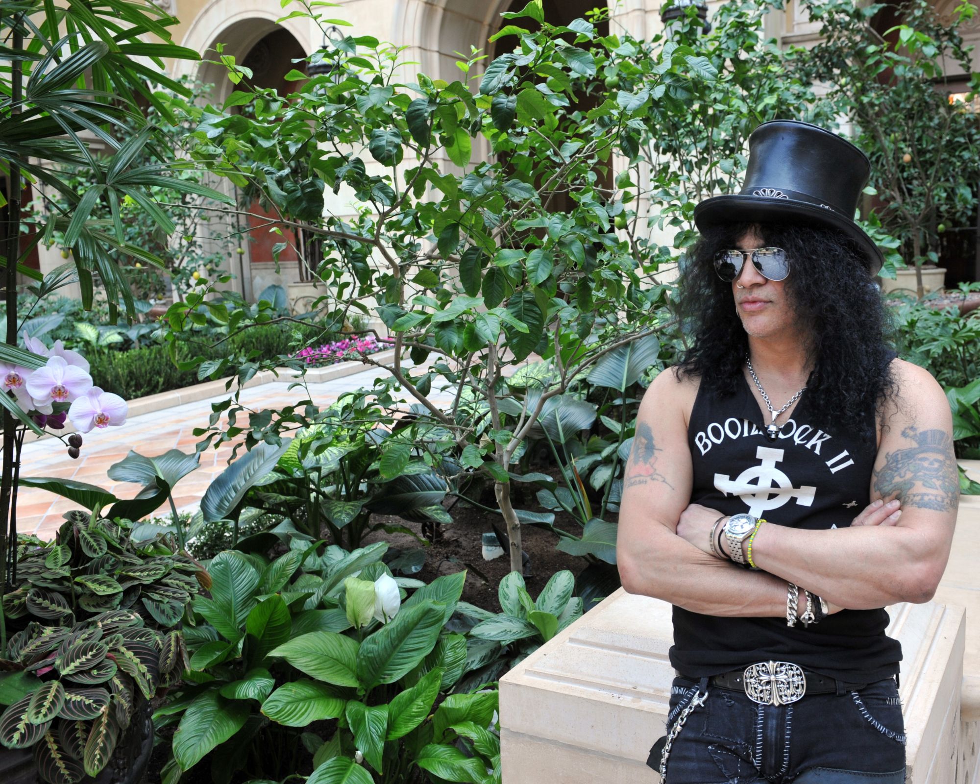 slash in his courtyard garden