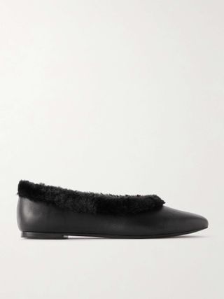 Faux Fur-Trimmed Leather Ballet Flats