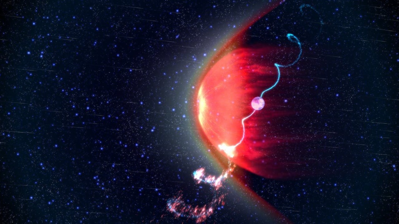 a red cone-shaped structure glows against thousands of background stars