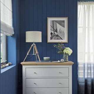 room with frame on navy wall and lamp