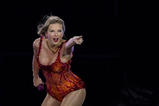 Taylor Swift performs on stage during "The Eras Tour" at the Hard Rock stadium in Miami Gardens, Florida, October 18, 2024.