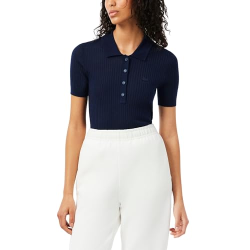 Lacoste Women's 3d Rib Knit Polo Collar Merino Wool Sweater, Navy Blue, 2