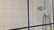 glass shower screen after cleaning hack, with shower head in the background
