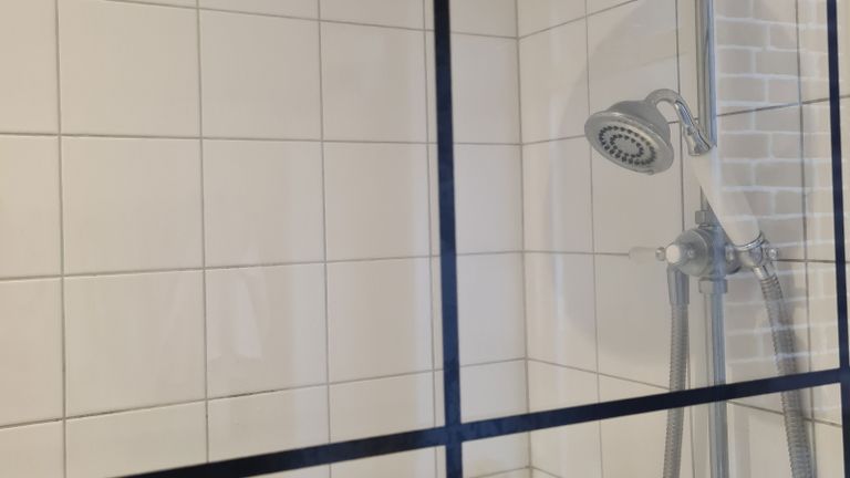 glass shower screen after cleaning hack, with shower head in the background