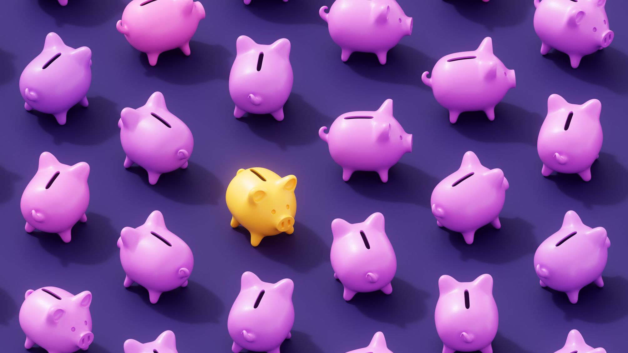 Purple piggy banks on a purple background. With one golden piggy bank in the center. 