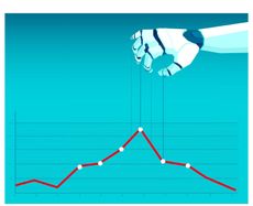 An illustration of a robotic hand manipulating a line graph, symbolizing the impact of AI on data processing in industries like insurance.