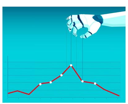 An illustration of a robotic hand manipulating a line graph, symbolizing the impact of AI on data processing in industries like insurance.