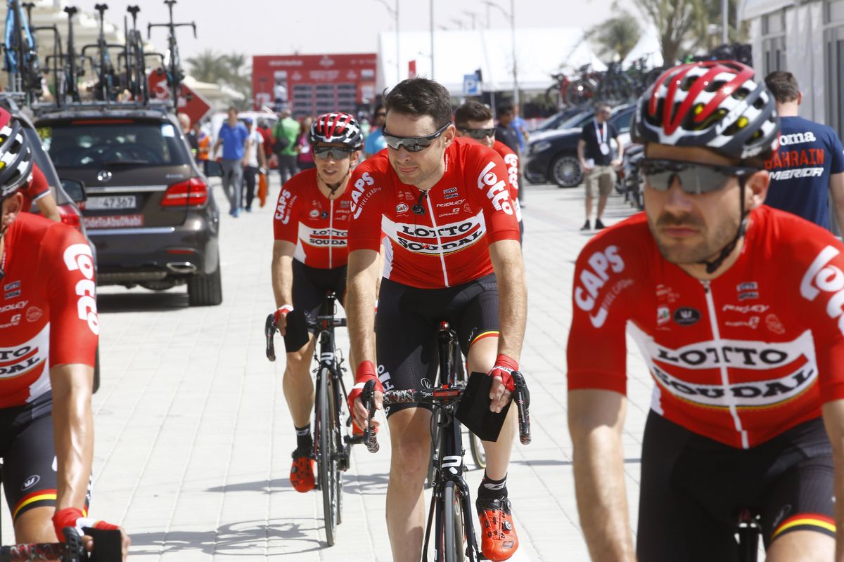 The Lotto Soudal team rides to the start