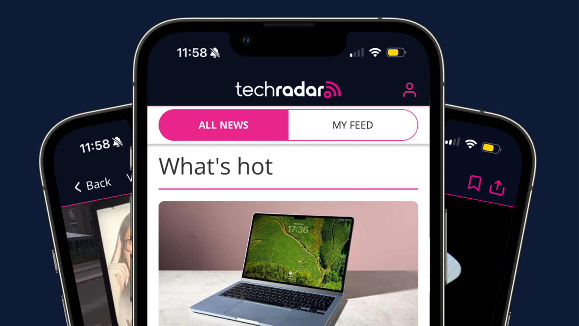 Three phones displaying the TechRadar app