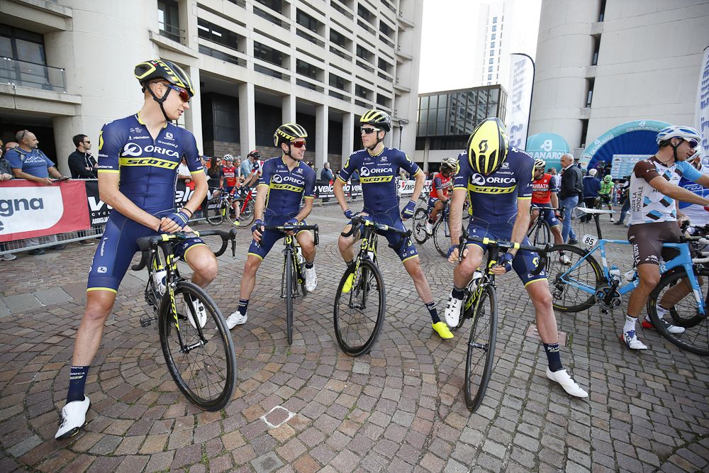 Orica-Scott riders wait for the start of Giro dell'Emilia
