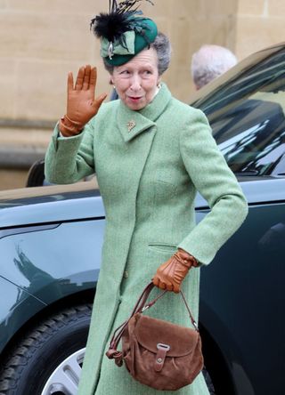 Princess Anne in a pea green coat