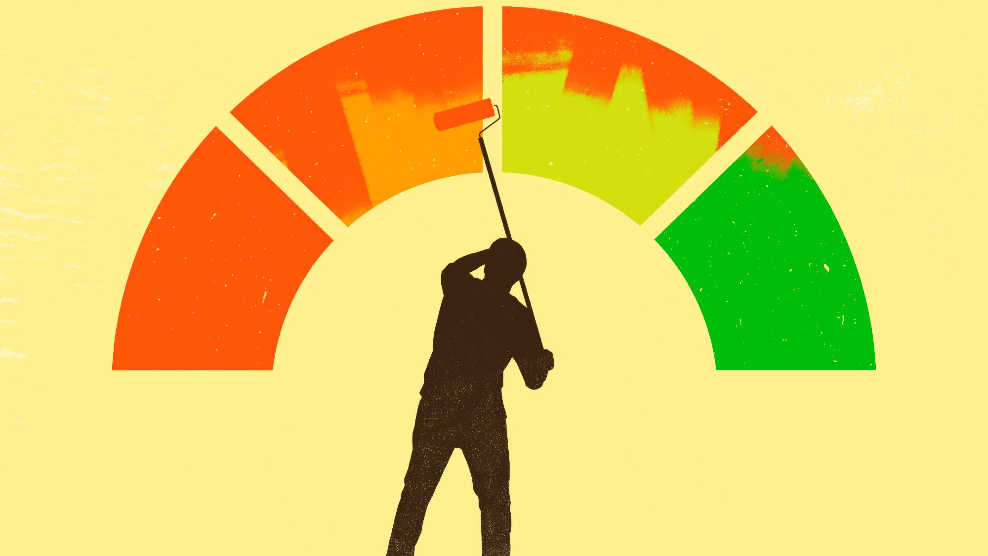 Illustration of a man painting his credit score red with a roller