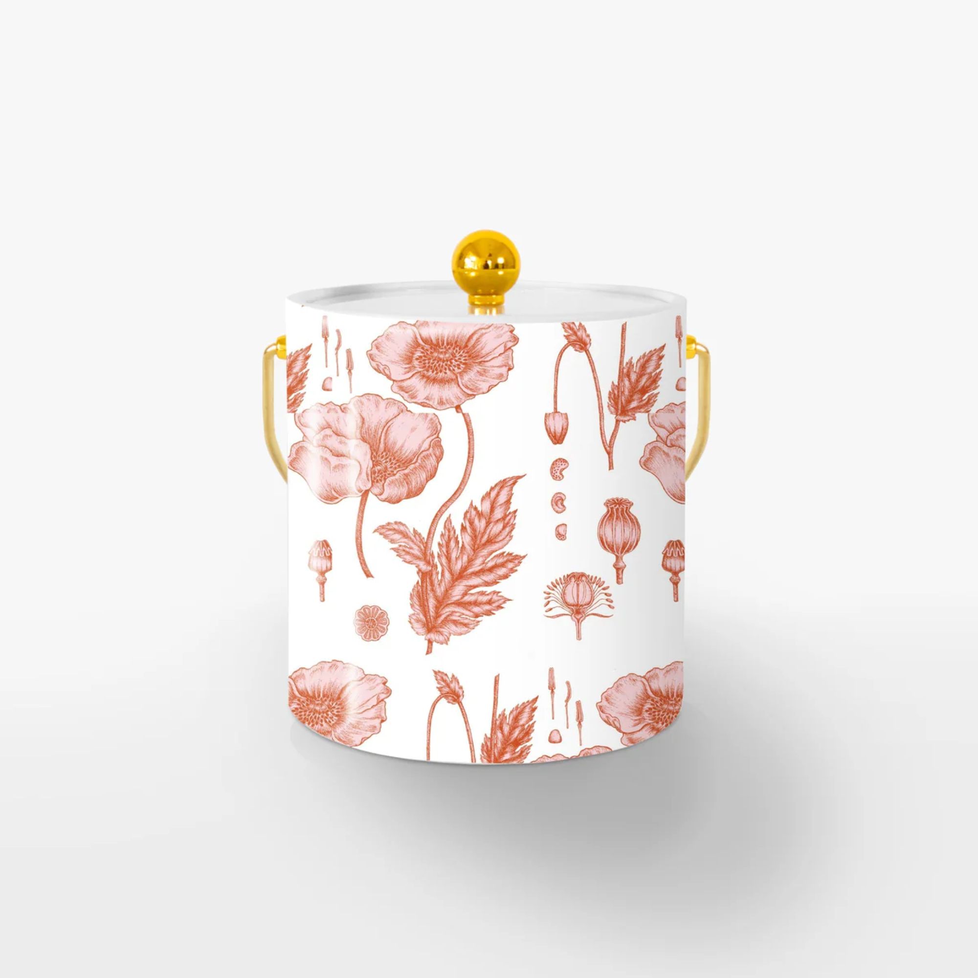 White ice bucket with gold handle and pink floral design