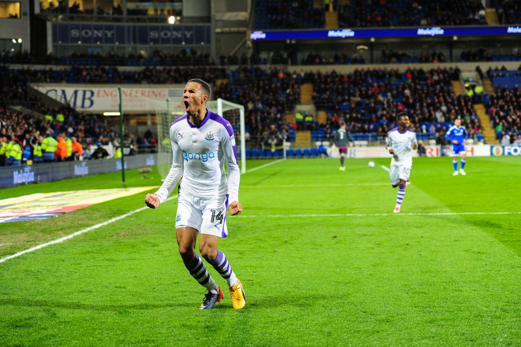 Isaac Hayden of Newcastle United (14) celebrates after he scores Newcastle's second goal during the Sky Bet Championship match between Cardiff City and Newcastle United at the Cardiff City Stadium on April 28, 2017 in Cardiff, Wales.