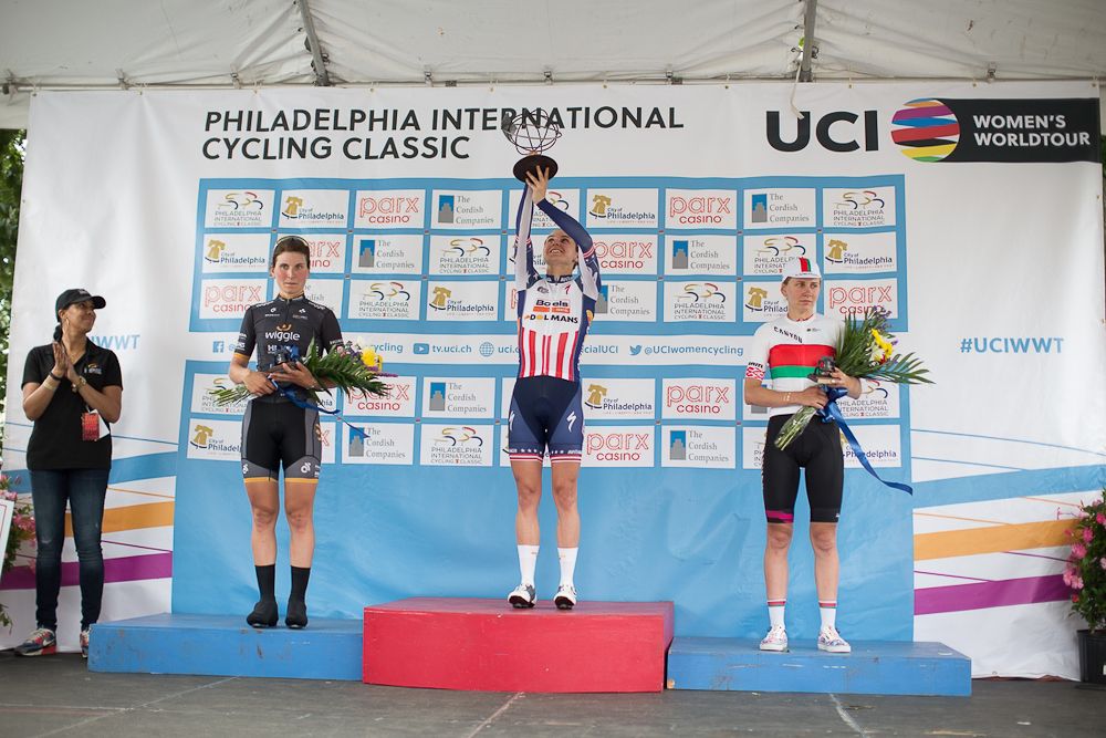 Megan Guarnier (USA) of Boels-Dolmans Cycling Team celebrates her win of the Philadelphia International Cycling Classic