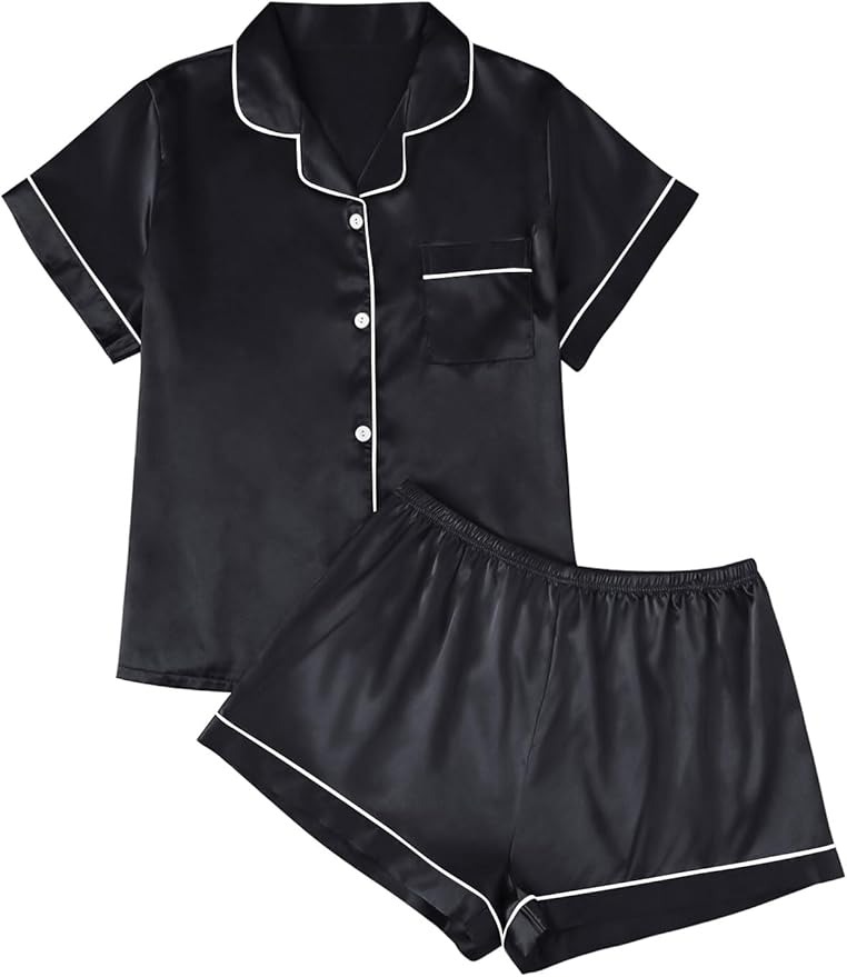 LILLUSORY, Lillusory Silk Satin Pajama Set for Women 2 Piece Lounge Pjs Shorts Matching Summer Sleepwear Button Down Shirt Shorts Black Xl