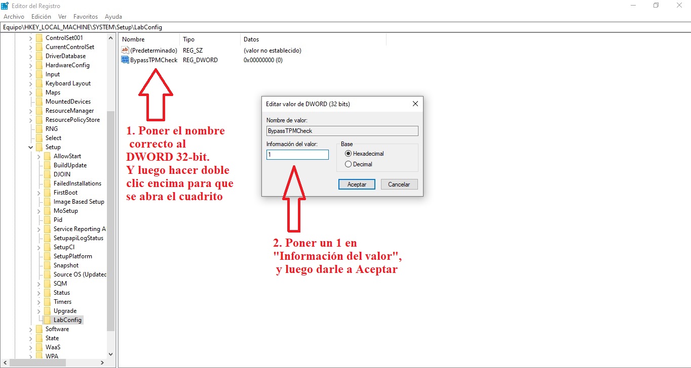Cambiar nombre e información del valor DWORD 32 bit