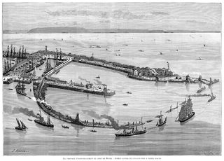 1878 Woodcut Showing Construction Project iin Le Havre Harbor