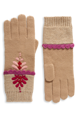 French Knot beige gloves with floral embroidery